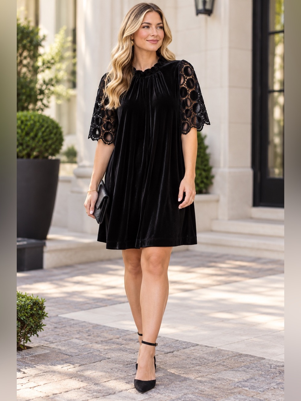 Umgee Velvet Lace Sleeve Shift Dress
